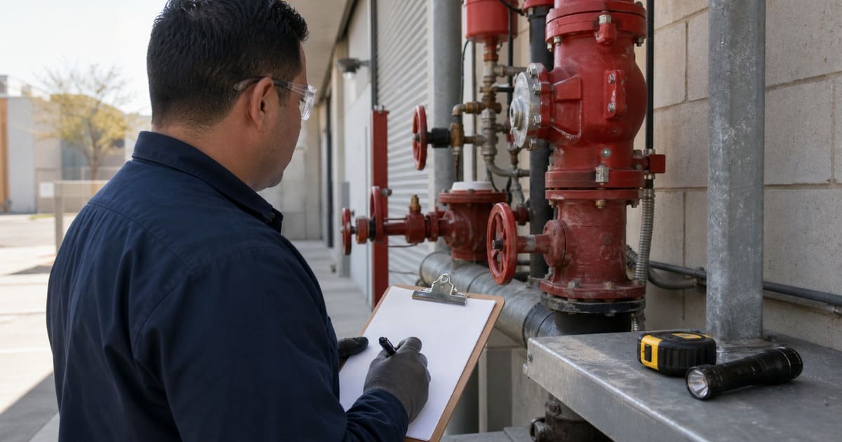 Technician recording an inspection finding on a clipboard beside a sprinkler valve