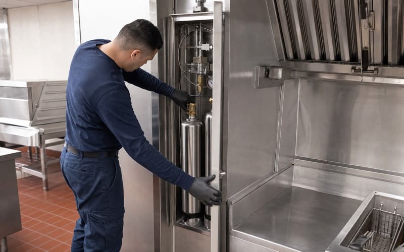 Ansul R-102 wet chemical cylinder and nozzles above a commercial cook line