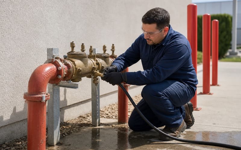 Technician connecting a test kit to a reduced pressure zone backflow assembly