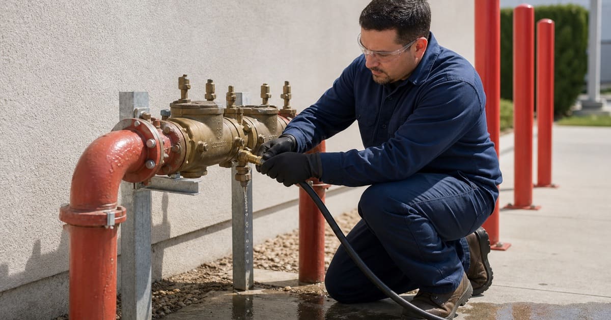 Technician testing a reduced pressure zone backflow assembly on a fire line