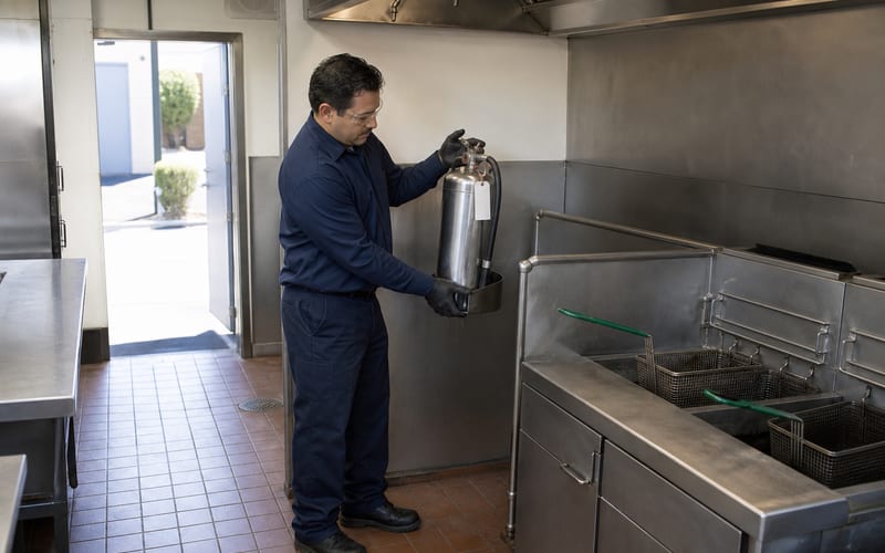 Class K wet chemical extinguisher mounted beside a fryer line