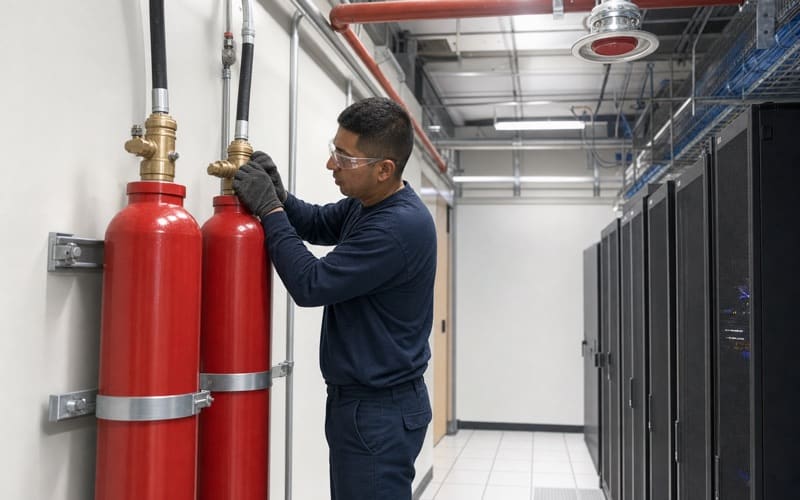 Technician inspecting clean agent cylinders protecting a server room
