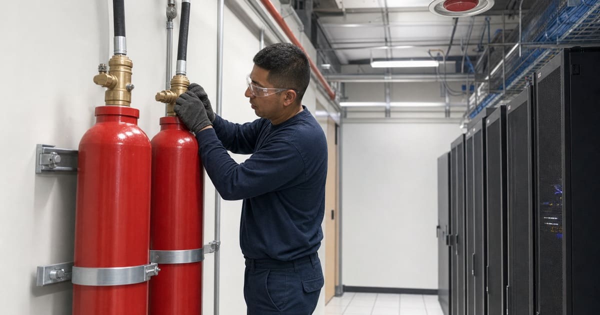 Technician inspecting clean agent cylinders protecting a server room