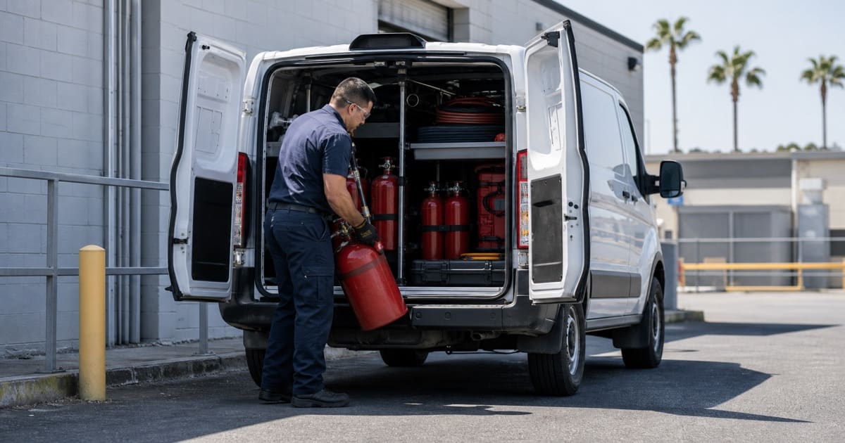Technician loading equipment into a service van before a fire protection service call
