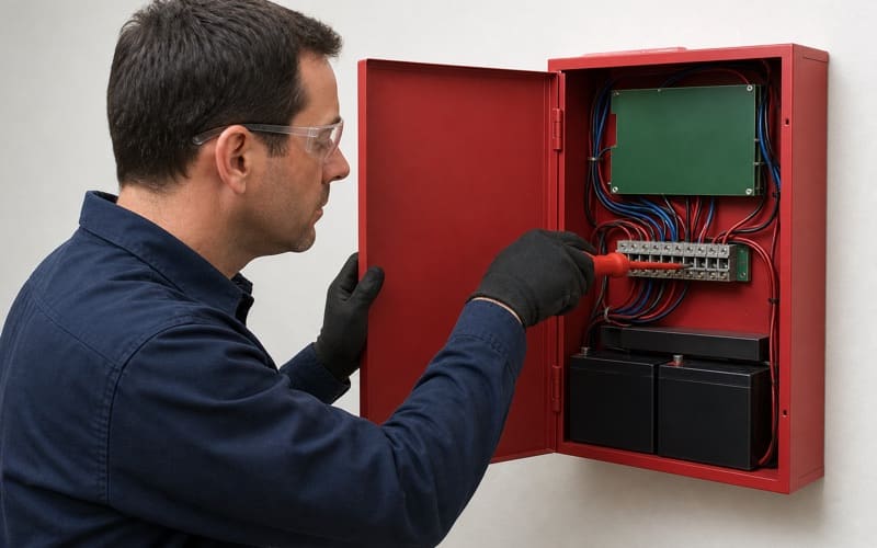 Technician landing wiring inside an addressable fire alarm control panel