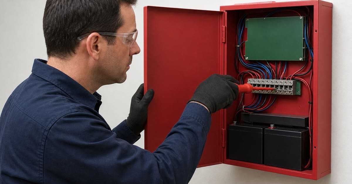 Technician landing wiring inside an addressable fire alarm control panel