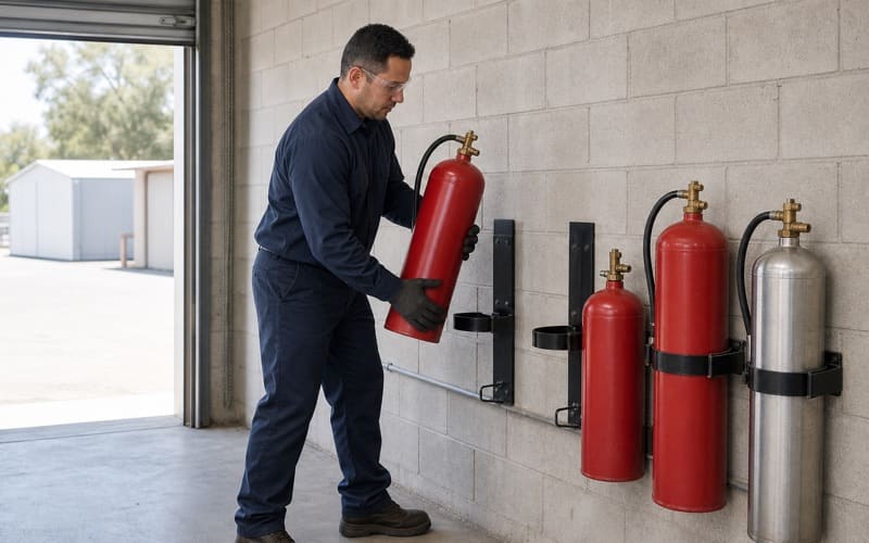 Technician mounting a serviced fire extinguisher during annual maintenance