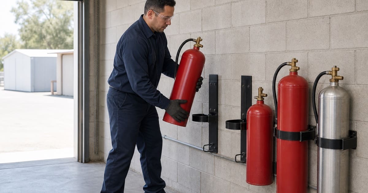 Technician mounting a serviced fire extinguisher during annual maintenance