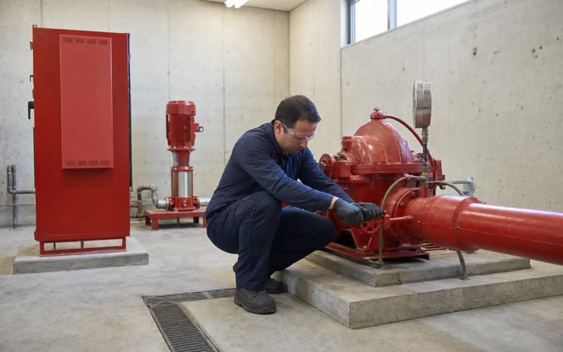 Technician testing the discharge valve on a commercial fire pump