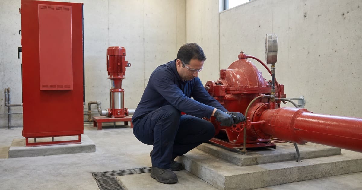 Technician testing the discharge valve on a commercial fire pump