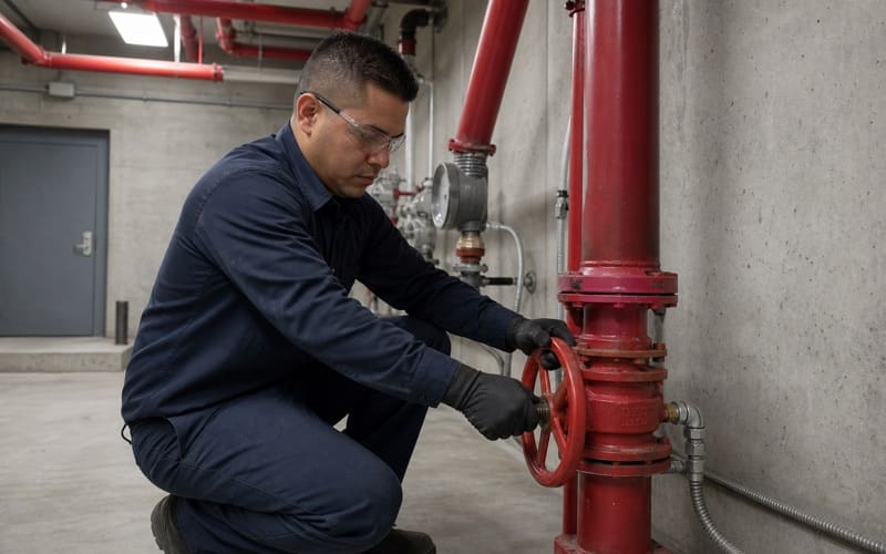 Technician testing a sprinkler control valve during an NFPA 25 inspection