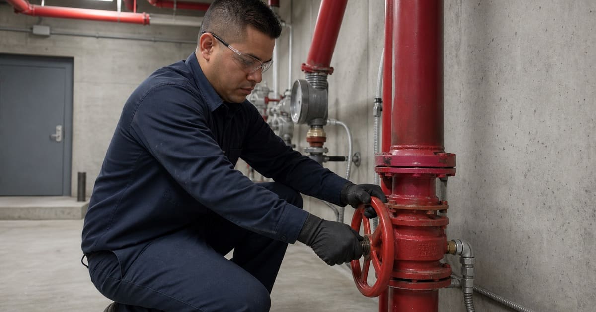 Technician testing a sprinkler control valve during an NFPA 25 inspection