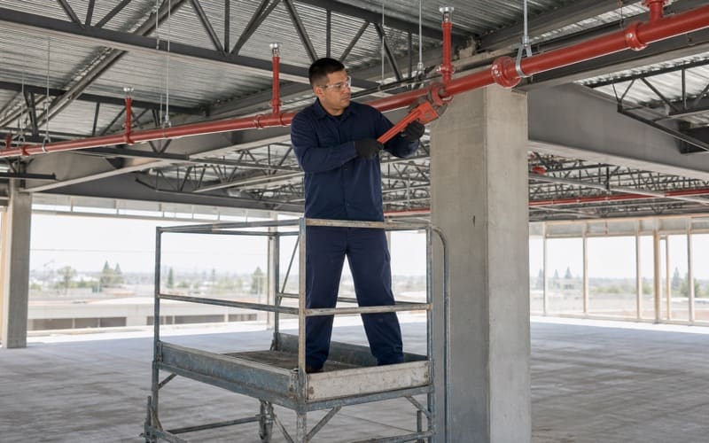 Installer tightening a coupling on new overhead sprinkler piping