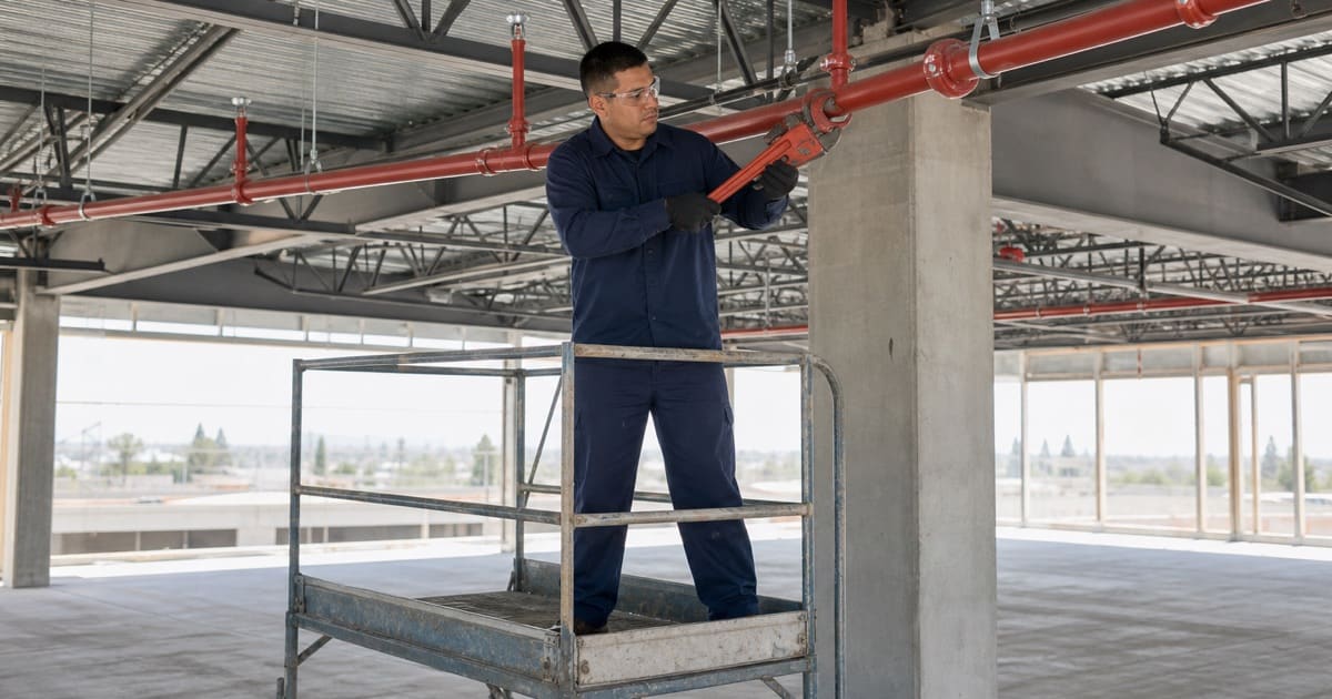 Installer tightening a coupling on new overhead sprinkler piping