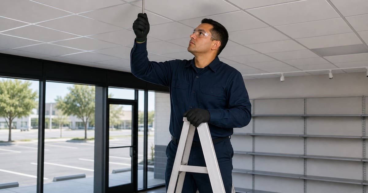 Sprinkler head service in a small retail storefront ceiling