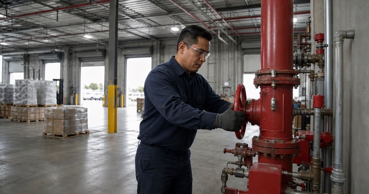 Technician operating a sprinkler control valve in a logistics warehouse