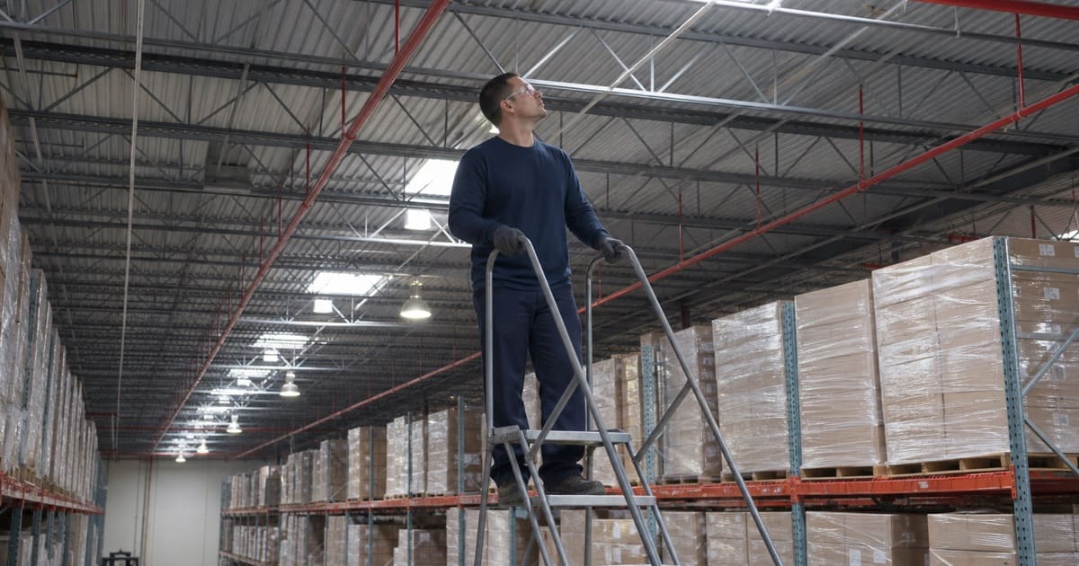 Technician checking sprinkler clearance above high-bay pallet racking