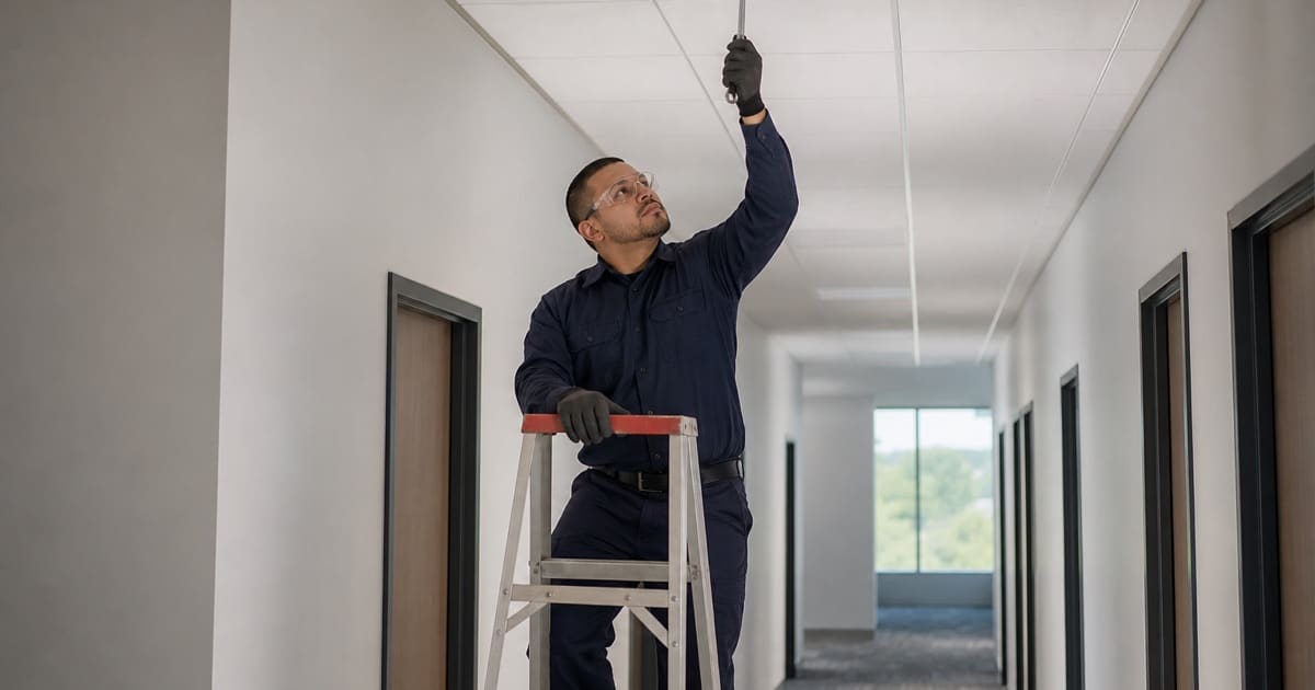 Technician servicing a concealed sprinkler head in an office corridor