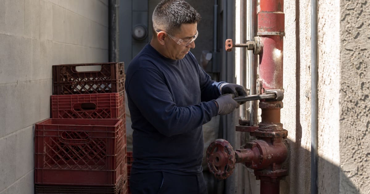 Riser trim service in a narrow alley behind a commercial building