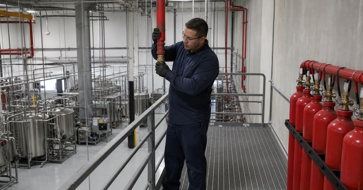 Technician inspecting suppression piping over an industrial equipment bay