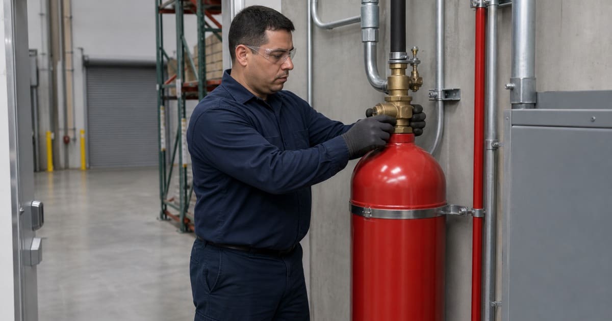 Technician checking a clean agent cylinder valve in a distribution facility
