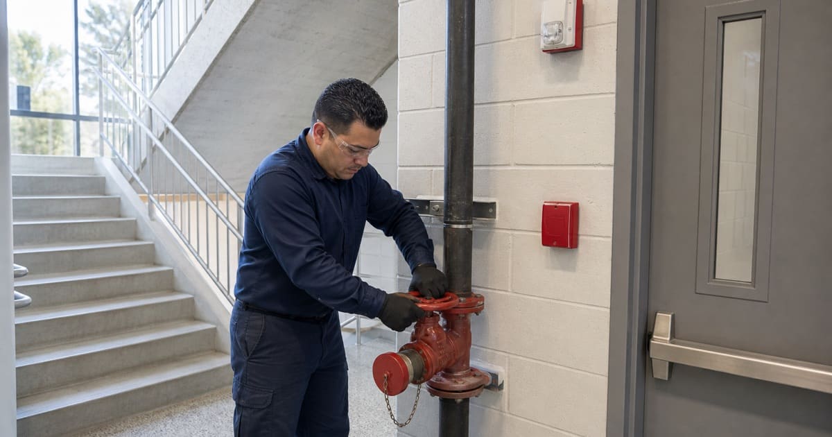 Technician testing a standpipe hose valve in a public assembly building