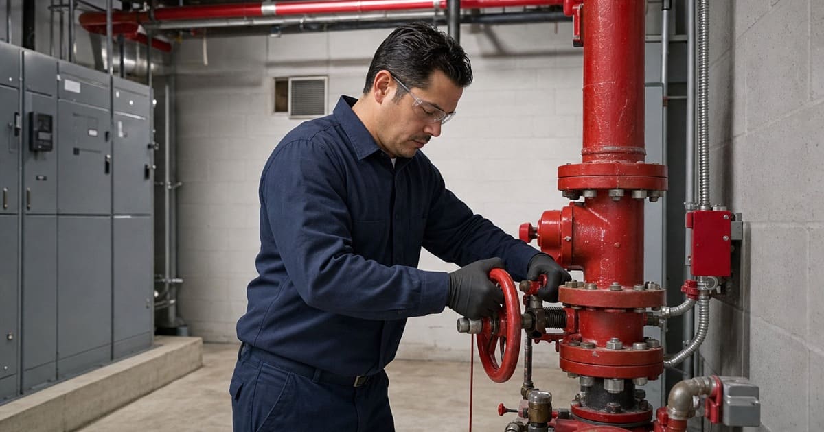 Technician operating a control valve in a multi-tenant commercial building