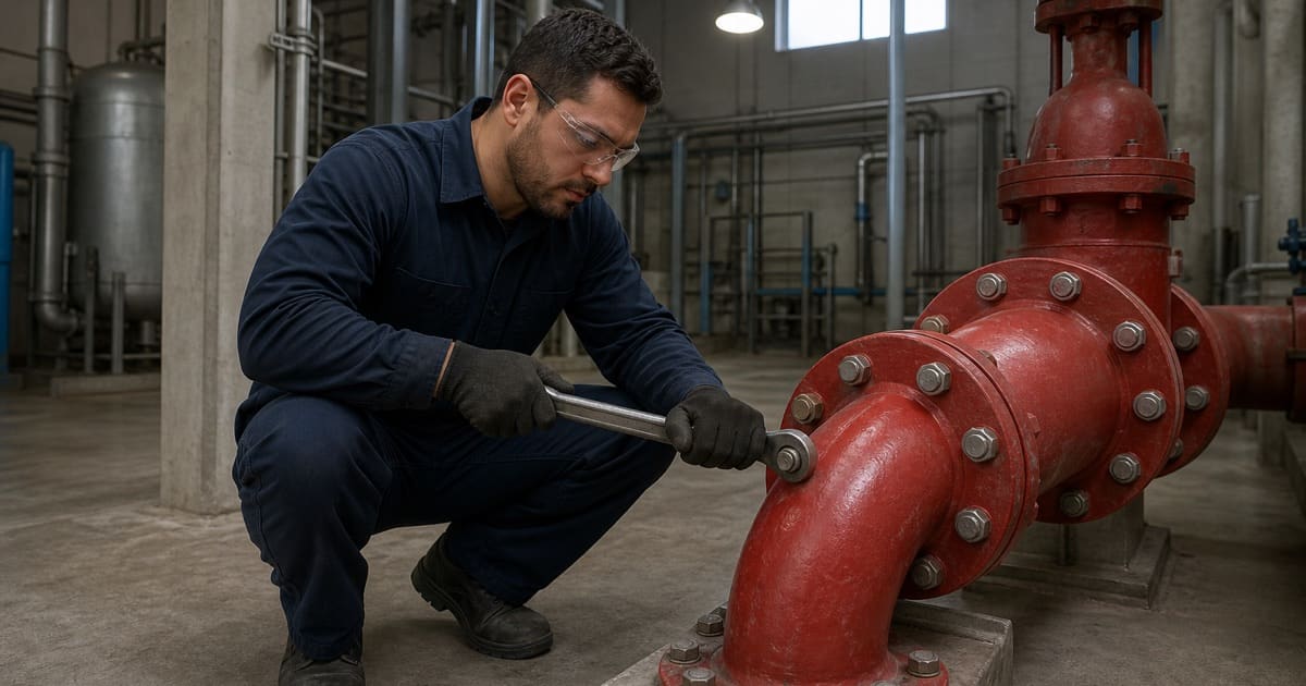 Technician tightening a flange connection on industrial sprinkler piping
