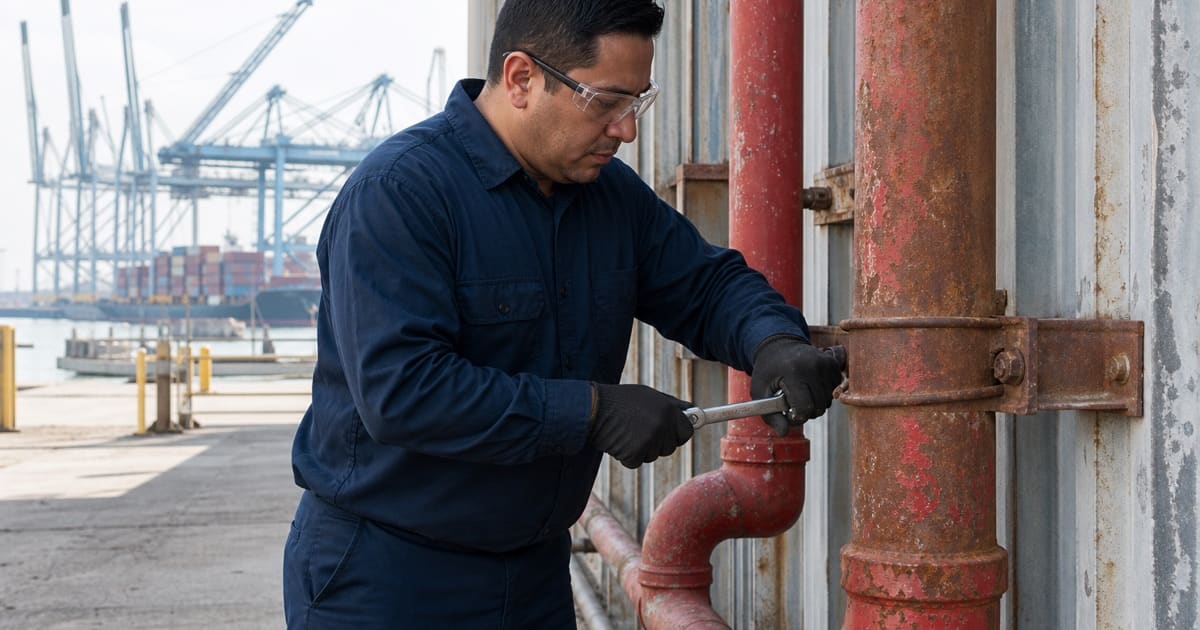 Technician replacing a corroded pipe hanger on a port-district building