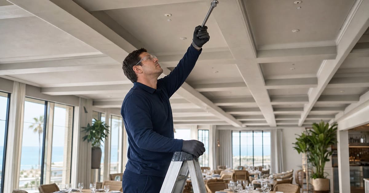 Technician servicing a sprinkler head above a restaurant dining room