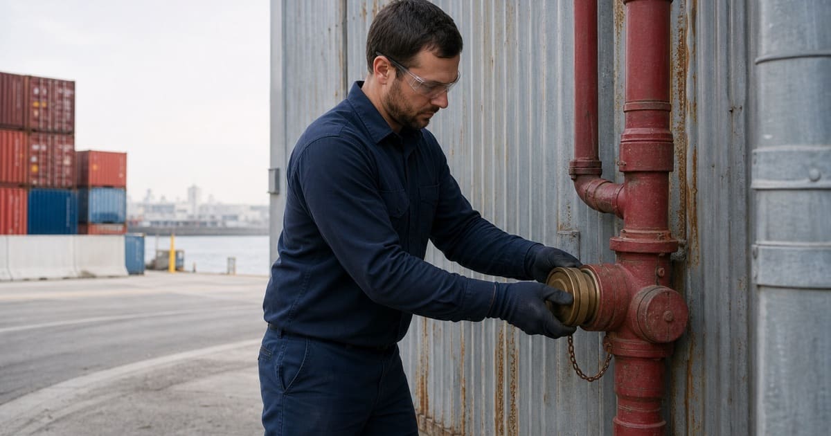 Technician servicing a fire department connection on a harbor-area warehouse