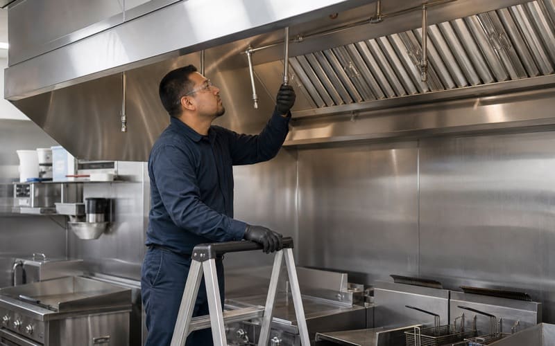Technician servicing a wet chemical suppression nozzle in a commercial kitchen hood