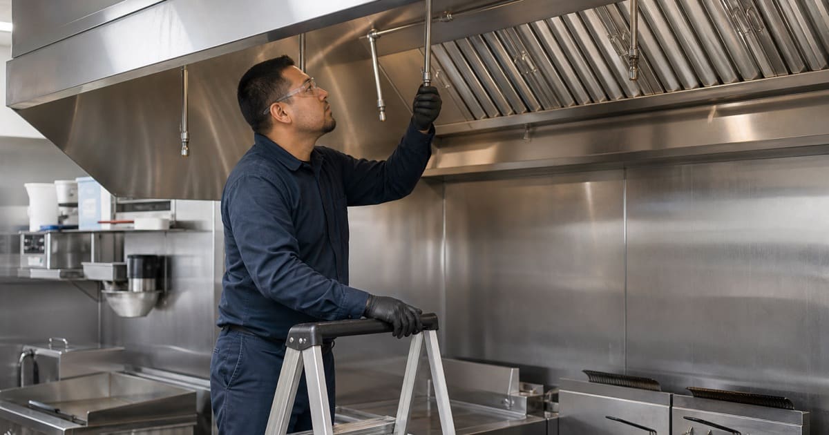 Technician servicing a wet chemical suppression nozzle in a commercial kitchen hood