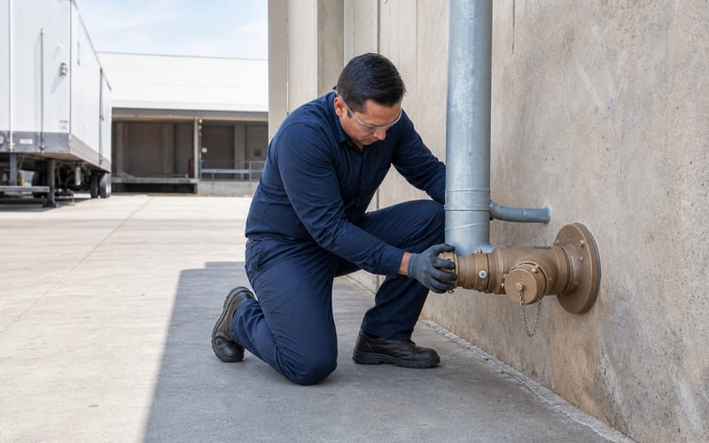 Fire department connection and standpipe outlet on a commercial building