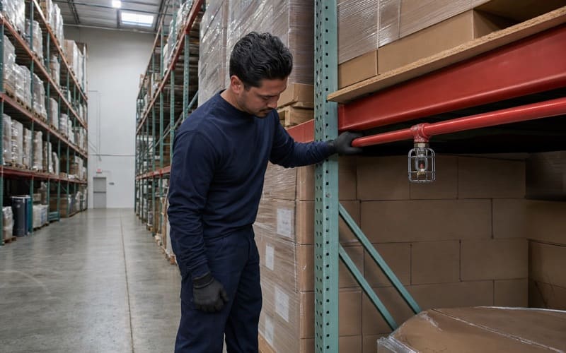 In-rack sprinkler piping running inside storage racking